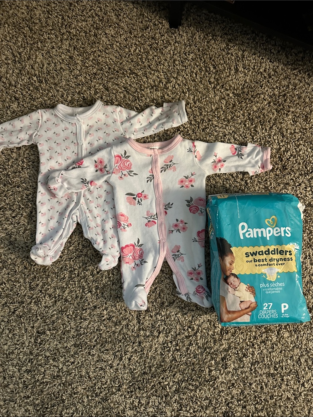 Preemie Bundle (2 Preemie Button-Up Sleepers & UNOPENED Pampers Preemie Diapers)